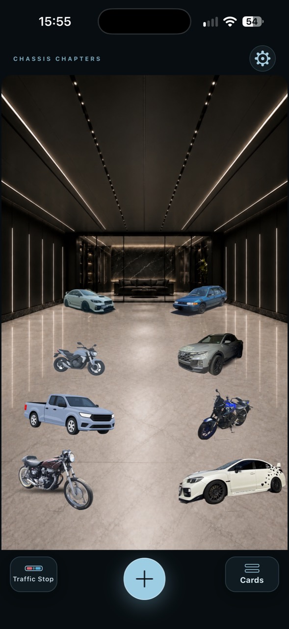 Chassis Chapters Garage showing multiple vehicles and the Traffic Stop and Cards controls.