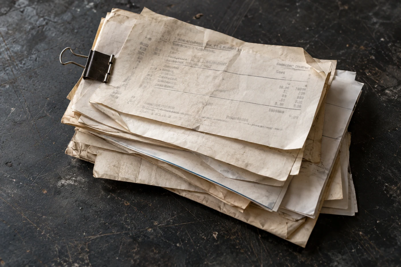 A stack of worn workshop receipts on a workbench.