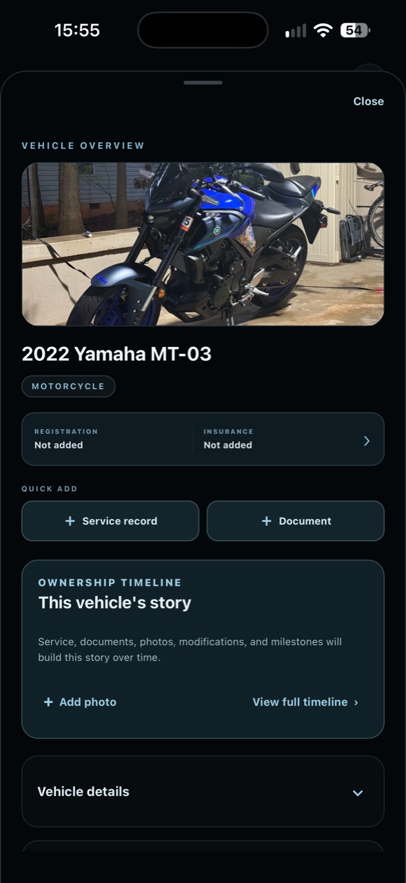 Vehicle overview for a Yamaha MT-03 with records and an ownership timeline.